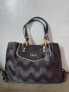 Coach Ashley gathered Satin Tote with patent Leather Trim